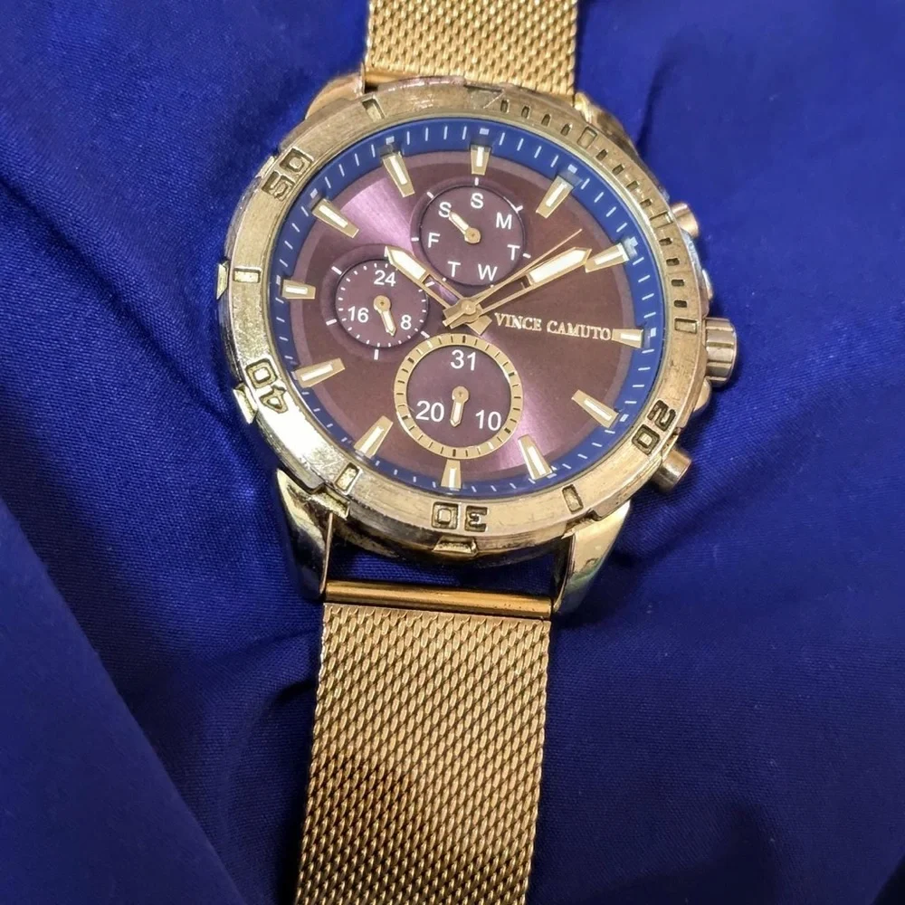 Vince Camuto Gold Tone Wine Dial Day Date 45mm Mens Watch